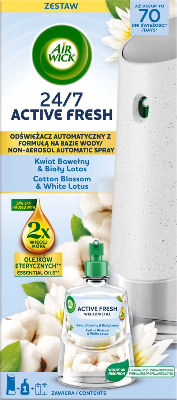 Air Wick 24/7 Active Fresh Kwiat Bawełny & Biały Lotos Zestaw Automatycznego Odświeżacza 228ml