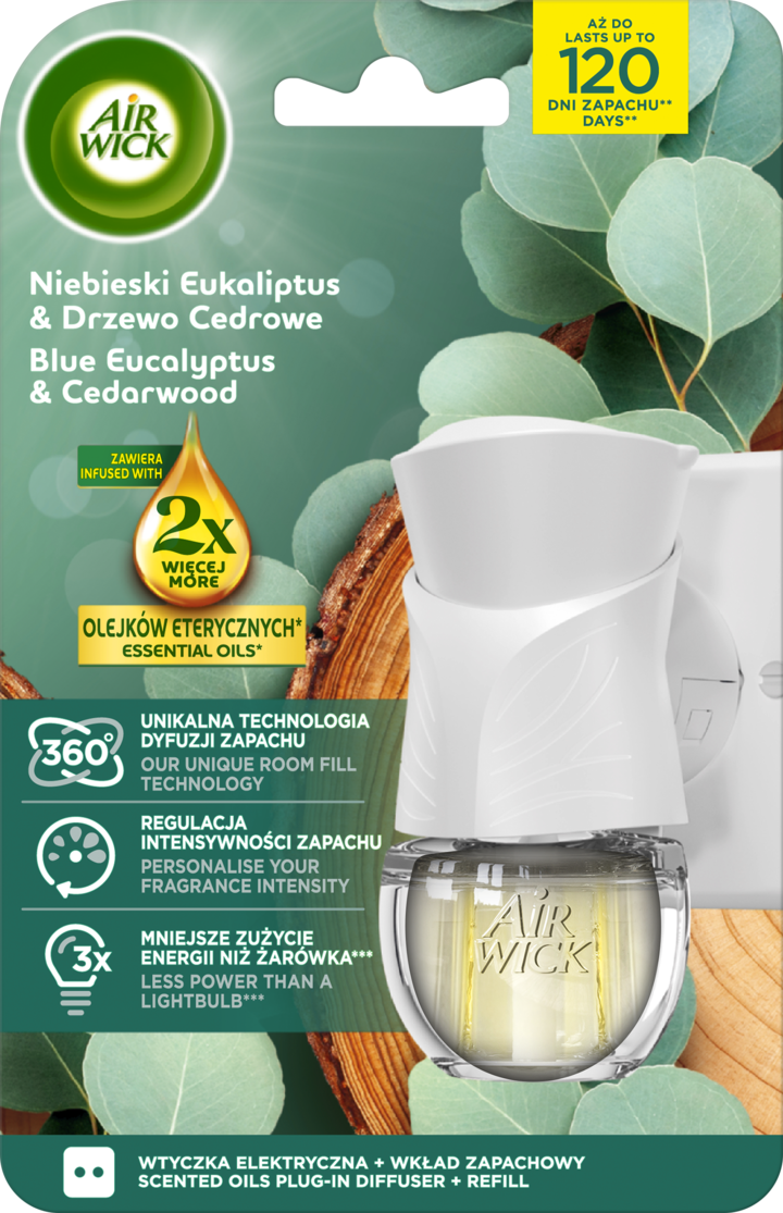 Air Wick Essential Oils Niebieski Eukaliptus & Drzewo Cedrowe Elektryczny Dyfuzor Zapachowy + Wkład 19ml