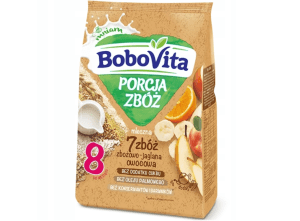 BoboVita Porcja Zb&oacute;ż kaszka mleczna zbożowo-jaglana owocowa, po 8 msc