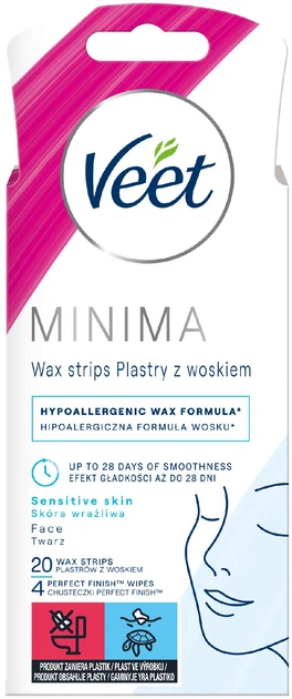 Veet Veet Minima Easy Gel Plastry do depilacji twarzy z woskiem 20szt - Drogeria Internetowa DrogeriaCoco.pl — Składniki i ocena