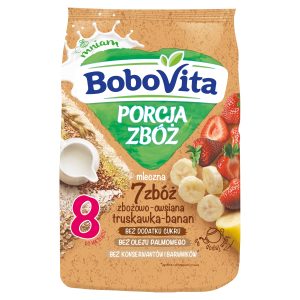BoboVita Porcja Zb&oacute;ż kaszka mleczna zbożowo-owsiana truskawka-banan po 8 msc