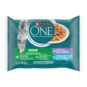 PURINA ONE Indoor Formula karma pełnoporcjowa mokra dla kot&oacute;w przebywających w domu, 2x z cielęciną, 2x z tuńczykiem 4 x 85 g