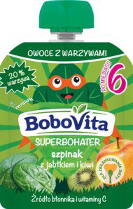 BOBOVITA Superbohater mus w tubce, Szpinak z Jabłkiem i Kiwi