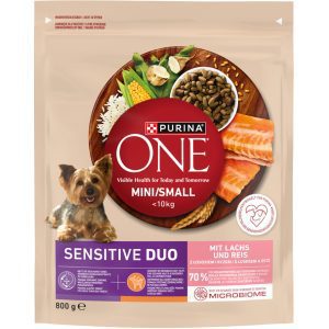 PURINA ONE Mini Delicate karma pełnoporcjowa sucha dla dorosłych ps&oacute;w, poniżej 10 kg, z łososiem i ryżem 800 g