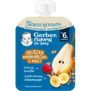 GERBER Natural deserek w tubce, Gruszka, Banan, Malina z musli, po 6.m-cu 80 g