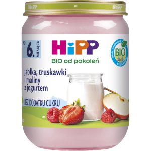 HIPP BIO od pokoleń deserek w słoiczku, Jabłka, truskawki i maliny z jogurtem, po 6. m-cu zycia 160 g
