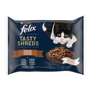 PURINA FELIX Tasty Shreds karma pełnoporcjowa mokra dla dorosłych kotów, Wiejskie Smaki, 2 x Kaczka, 2 x Indyk, w sosie 4 x 80 g