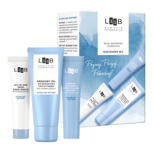 AA LAAB Milky Waterfall Hydration zestaw kosmetyk&oacute;w do twarzy, żel do demakijażu 30ml + krem-serum do twarzy 15ml + krem-maska na noc 15ml + podkład do twarzy nr 02 Vanilla 5ml 1 szt.