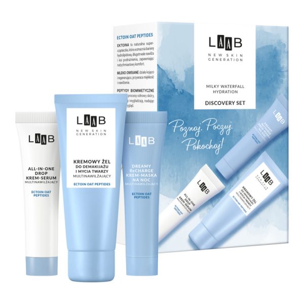AA LAAB Milky Waterfall Hydration zestaw kosmetyków do twarzy, żel do demakijażu 30ml + krem-serum do twarzy 15ml + krem-maska na noc 15ml + podkład do twarzy nr 02 Vanilla 5ml 1 szt.
