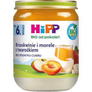HIPP BIO od pokoleń deserek w słoiczku, Brzoskwinie i morele z twarożkiem, po 6. m-cu życia 160 g