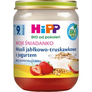 HIPP BIO od pokoleń Moje Śniadanko deserek w słoiczku, Musli jabłkowo-truskawkowe z jogurtem, po 9. m-cu życia 160 g