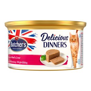 BUTCHER'S Delicious Dinners karma pełnoporcjowa mokra dla dorosłych kot&oacute;w, mus z wołowiną i wątr&oacute;bką 85 g