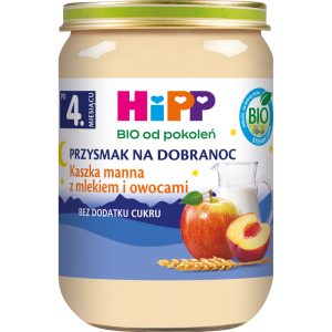 HIPP BIO od pokoleń Przysmak na dobranoc deserek w słoiczku, kaszka manna z mlekiem i owocami, po 4. m-cu życia 190 g