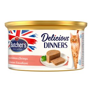BUTCHER'S Delicious Dinners karma pełnoporcjowa mokra dla dorosłych kotów, mus z łososiem i krewetkami 85 g