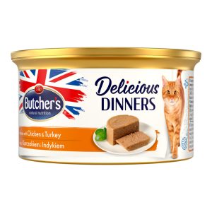 BUTCHER'S Delicious Dinners karma pełnoporcjowa mokra dla dorosłych kot&oacute;w, mus z kurczakiem i indykiem 85 g
