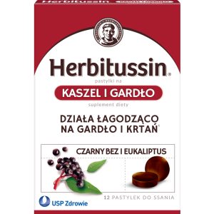 HERBITUSSIN pastylki do ssania, Czarny Bez i Eukaliptus, suplement diety 12 szt.