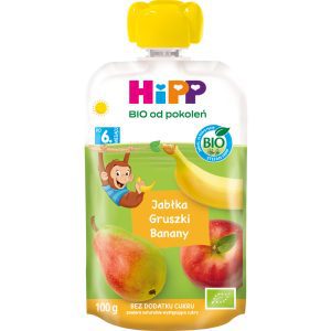 HIPP BIO od pokoleń mus owocowy w tubce, Jabłka, Gruszki, Banany, po 6. m-cu życia 100 g