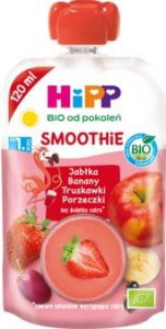 HIPP BIO od pokoleń Smoothie mus w tubce, Jabłka, Banany, Truskawki, Porzeczki, po 1. roku życia 120 ml