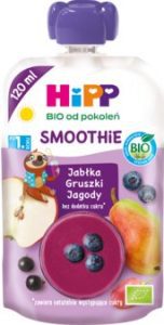 HIPP BIO od pokoleń Smoothie mus w tubce, Jabłka, Gruszki i Jagody, po 1. roku życia 120 ml