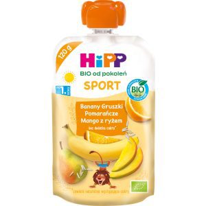 HIPP BIO od pokoleń Sport mus owocowo-zbożowy w tubce, Banany, Gruszki, Pomarańcze, Mango z ryżem, po 1. roku życia 120 g