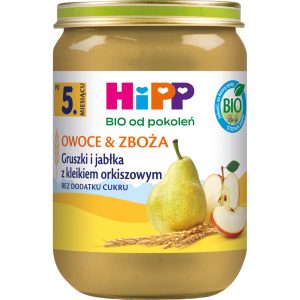 HIPP BIO od pokoleń Owoce & Zboża deserek w słoiczku, Gruszka i Jabłka z kleikiem orkiszowym, po 5. m-cu życia 190 g