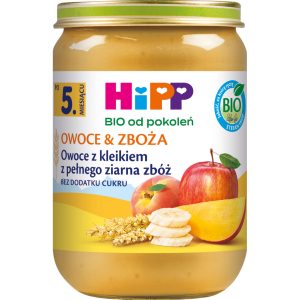 HIPP BIO od pokoleń Owoce & Zboża deserek w słoiczku, Owoce z kleikiem z pełnego ziarna zbóż, po 5. m-cu życia 190 g
