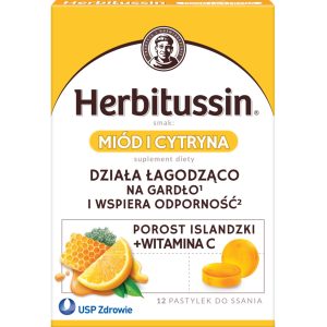 HERBITUSSIN pastylki do ssania, Mi&oacute;d i Cytryna, suplement diety 12 szt.