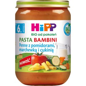 HIPP BIO od pokoleń Pasta Bambini danie w słoiczku, penne z pomidorami, marchewką i cukinią, po 6. m-cu życia 190 g