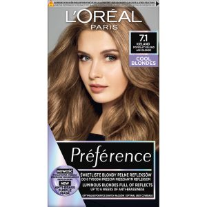 L'Or&eacute;al Paris Pr&eacute;f&eacute;rence Cool Blondes farba do włos&oacute;w, optymalne pokrycie siwych włos&oacute;w, nr 7.1 Iceland, Popielaty Blond 1 szt.