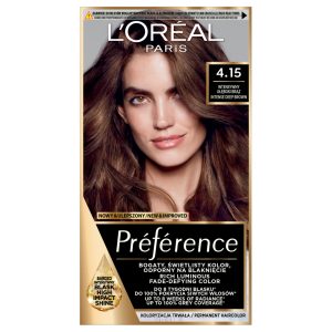 L'Or&eacute;al Paris Pr&eacute;f&eacute;rence farba do włos&oacute;w z aktywatorem połysku, koloryzacja trwała, nr 4.15 Intensywny Głęboki Brąz 1 szt.