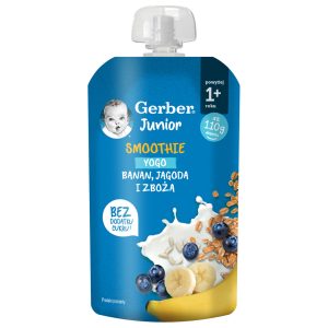 Gerber Junior Smoothie deserek w tubce, owocowo-mleczny, Banan, Jagoda i Zboża, po 1. roku życia, 110 g